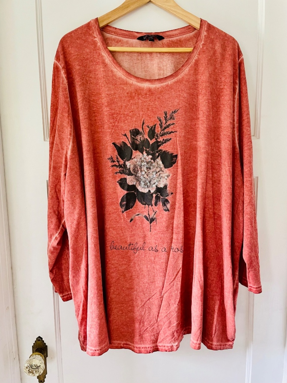 Ulla Popken Rust Pink Floral 3/4 Sleeve Tee Top Plus Size 28/30 Sequin Rose Boho - Picture 2 of 9